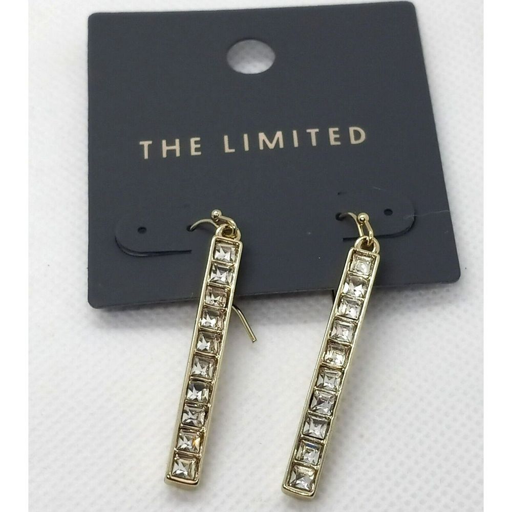The Limited Gold Tone Rhinestone Dangle Bar Pierced Wire Earrings‎ 2"